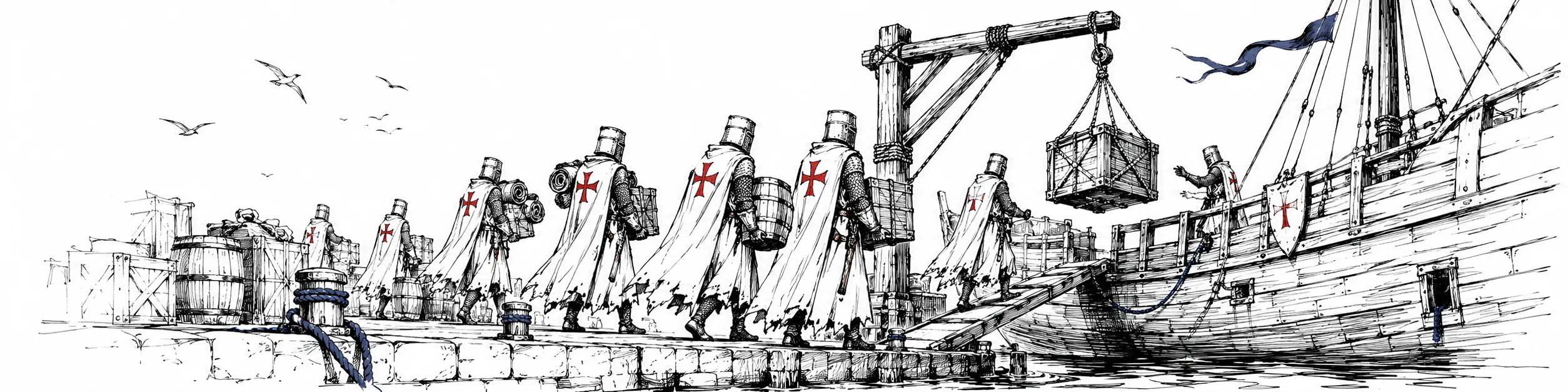 Ilustracja: templariusze ładujący statek w porcie